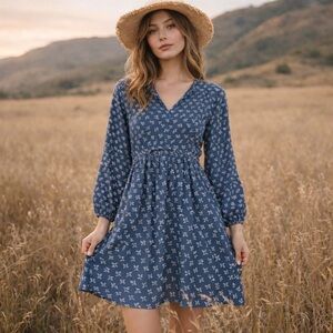 Like New Laura Ashley Blue White Floral Cotton Chambray Peasant Dress size 4